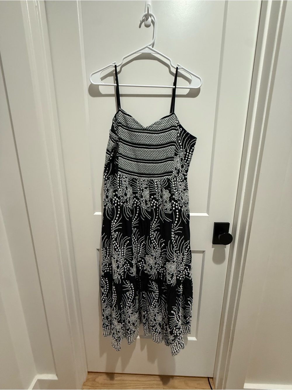 Black and White Floral Midi Dress with Spaghetti Straps
